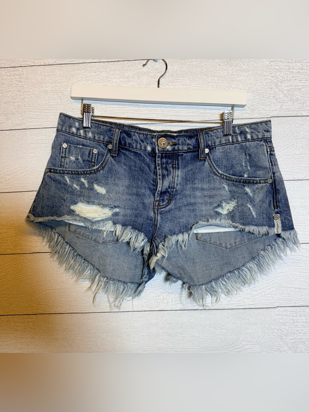 One Teaspoon low waist medium rise button fly raw curved hem blue shorts size 29